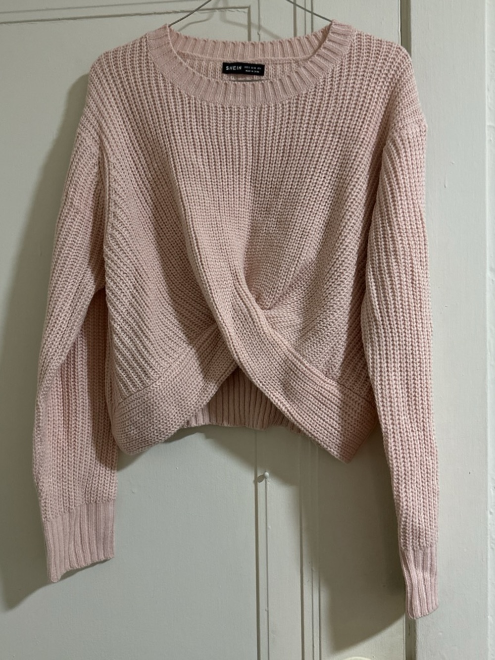 SHEIN Blush Pink Twist-Front Crew Neck Sweater